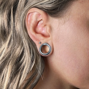 Ouroboros Silver Tunnels, snake plug tunnels gauges 8mm (0g) - 22mm (7/8”) stretched ears plug earrings, plug and tunnels, PRICE PER SINGLE