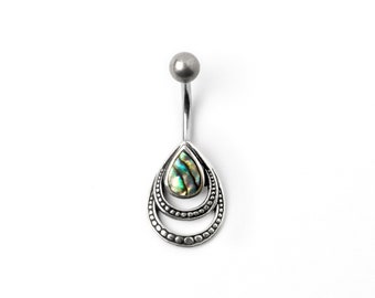 Drop Abalone Shell Belly Bar, 316L surgical steel belly button ring, navel ring 1.6mm/14g belly button piercing jewelry