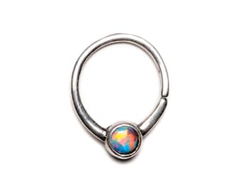 Sterling Silver septum ring with Opal, tiny septum with gemstone, piercing ring 1mm/18g fit as helix, daith, handmade unique septum jewelry
