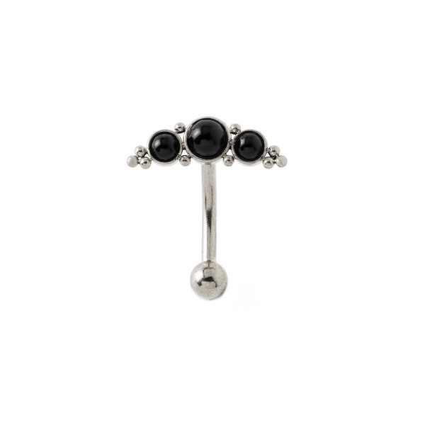 Deva I barre de perçage de nombril flottante avec Onyx noir, anneau de perçage de barre de ventre en acier chirurgical 1.6mm/14g, piercing de nombril de pierres précieuses en croissant