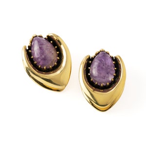 Ear saddles with Amethyst, V shaped horseshoe gauge earrings stretcher 18mm/11/16” - 28mm/1.10” ear plugs for stretched ears, gauge jewelry