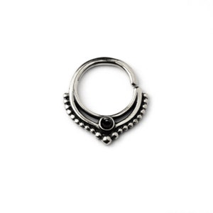 Sterling Silver Septum ring with Onyx, boho tribal piercing ring 1.2mm (16g) fit as tragus, helix, cartilage, ethnic unique septum jewelry