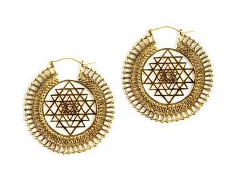 Sri Yantra Hoops Earrings, Tribal Jewellery, Tribal Earrings, Boho Earrings, Large Earrings, Statement Earrings, Sacred Geometry Jewellery