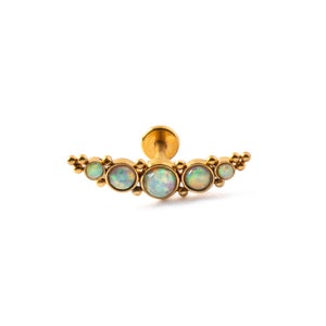 Deva golden labret with Opal, 1.2mm/16g surgical steel internally threaded flat back cartilage earring with gemstone, conch, helix earring