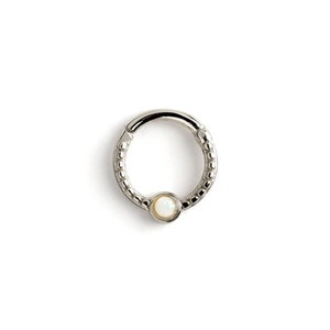 Dayaa White Opal septum clicker, surgical steel hinged hoop earring 1.2mm (16g) piercing ring fit to tragus, helix, cartilage, nose ring
