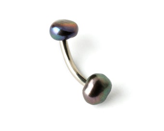 Pearls belly button ring, L316 surgical steel 1.6mm (14g) curved belly bar with two pearl beads, belly piercing jewelry, navel jewelry
