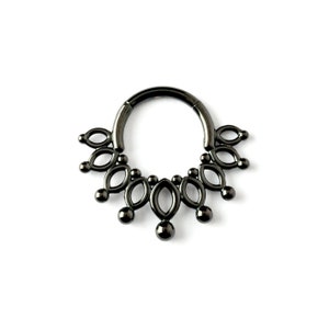 Flower petal black septum clicker, surgical steel hinged segment ring fit as a tragus, helix, cartilage, septum jewelry size 1.2mm (16g)