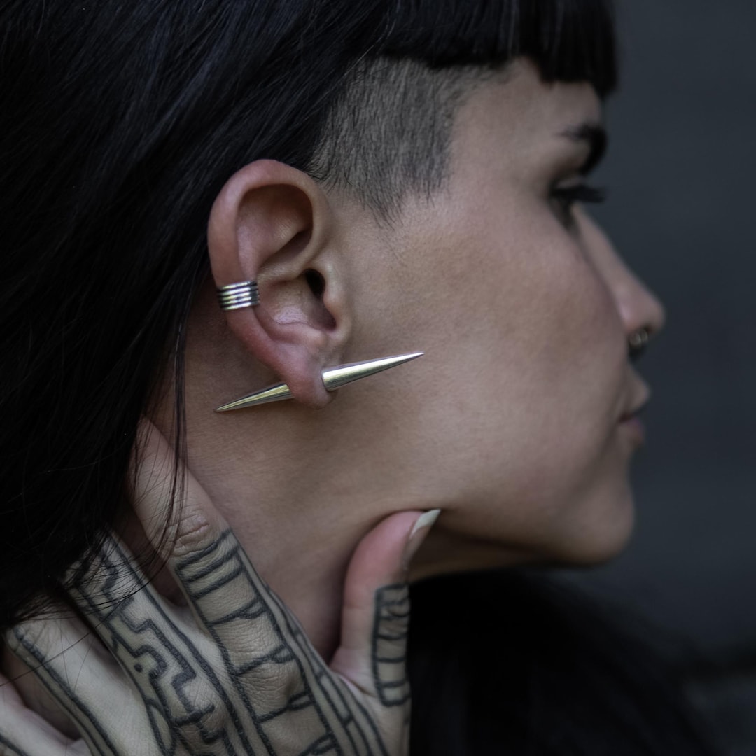 Double R Hoxton Hoxton Silver Double Spikes Earrings, Spike Fake Gauge Earrings, Silver ...