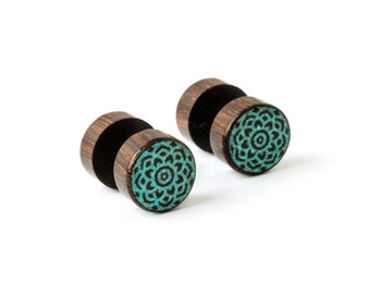 Turquoise mandala fake plugs earrings, organic wood fake gauge earrings, unisex wooden earrings, eco friendly natural fake gauge jewelry
