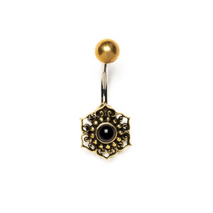 Tribal Flower with Black Onyx Belly Button Ring, 316L surgical steel belly bar, navel ring 1.6mm (14g) boho belly button piercing jewelry