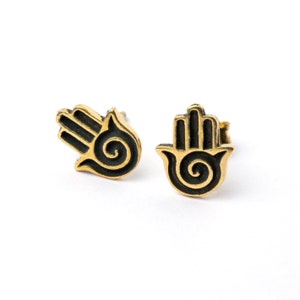 Hamsa stud earrings, antique gold colour tiny Fatima hand evil eye earrings, small minimalist hand ear studs, unique good luck jewelry