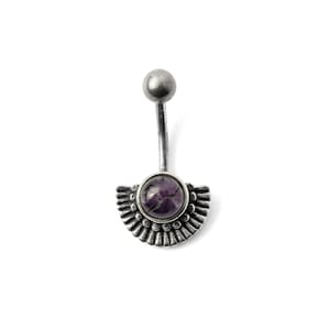 Amana Silver belly button ring with Amethyst, 14g surgical steel belly bar with gemstone, boho tribal naval jewelry, body piercing jewelry