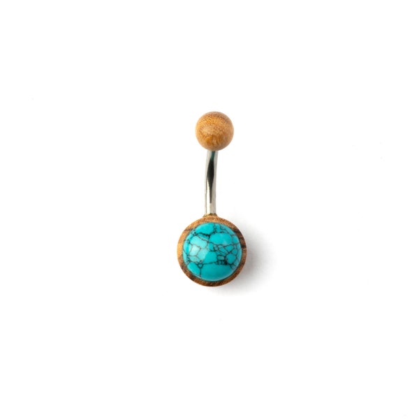 Olive Wood Set Turquoise Belly Button Ring, 316L surgical steel Turquoise belly bar, boho tribal belly piercing, body piercing jewelry