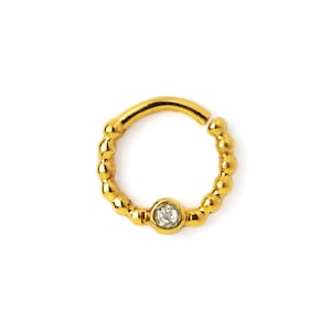 18k Gold White Topaz Septum Ring, tiny dainty gold septum nose ring hoop 1.2mm (16g), tragus, daith, helix, gemstone gold septum jewelry