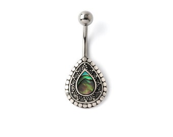 Silver Adira Abalone Belly Ring, teardrop gemstone belly button ring, surgical steel belly bar, boho navel jewelry, belly piercing jewelry