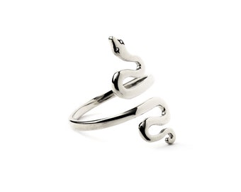 Sterling Silver Snake Ring, serpentine bypass adjustable wrap ring, large serpent snake ring, rebirth symbol statement boho ring for women