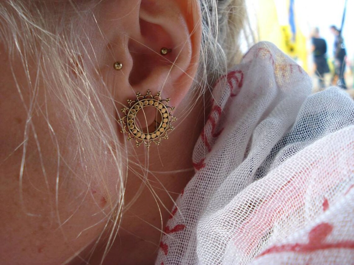 Brass Lotus Ear Tunnel Lotus Gauge Earrings Ethnic Brass Ear Etsy