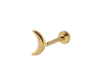 Labret de luna de oro de 14k, pendiente de rosca interna de 1,2 mm/16g, 8 mm, pendiente de botón plano en forma de media luna para hélix, concha, cartílago.