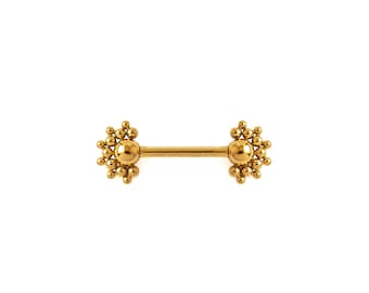 Beej Golden Nipple Bar, ethnic style gold surgical steel piercing bar 1.6mm (14g), unique nipple jewellery, Sold as a single