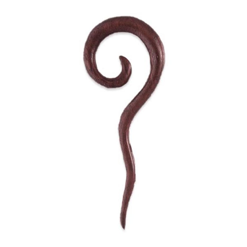 May include: A dark brown wooden hair stick featuring a smooth, polished finish and a distinct spiral design at the top that curves into a tapered, elongated point at the bottom, showcasing the natural grain and texture of the wood material.