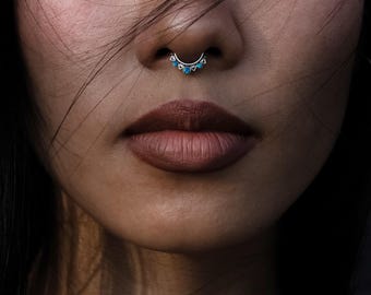 Neptune Blue Opal Septum Clicker Ring, Surgical Steel Piercing