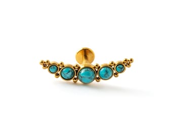 Deva golden labret with Turquoise, 16g surgical steel internally threaded flat back cartilage earring with gemstone, conch, helix earring