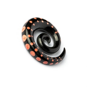 Black Spiral gauges with Coral dots, taper gauge earrings for stretched ears 6g 5/8 ear gauges, natural ear stretchers, gauge jewelry image 1