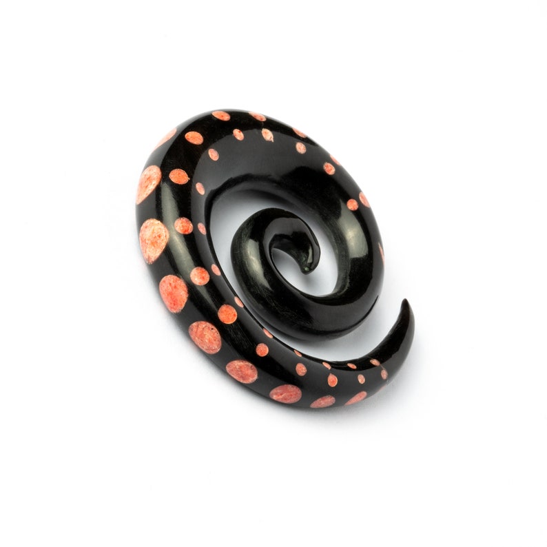 Black Spiral gauges with Coral dots, taper gauge earrings for stretched ears 6g 5/8 ear gauges, natural ear stretchers, gauge jewelry image 1