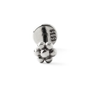 14k White Gold Tiny Flower Labret Stud, internally threaded screw on earring 16g, flat back earring for tragus, helix, conch, medusa, monroe