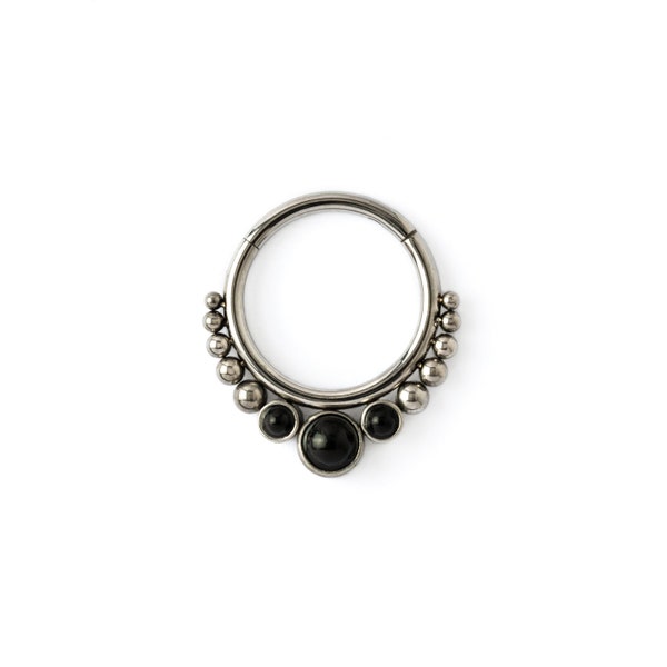 Black Onyx Septum Clicker, surgical steel piercing ring 1.2mm(16g), 6mm, 8mm, 10mm gemstone hinged segment ring for tragus, helix, cartilage