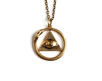 Eye of Providence Ouroboros Pendant Necklace, snake eats tail serpent charm necklace, all seeing eye protection necklace, eye of horus