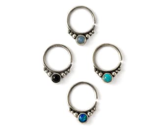 Soma Septum Ring with gemstone, boho tribal 1mm (18g) sterling silver seamless piercing ring Black Onyx / Turquoise / Crystal / Opal