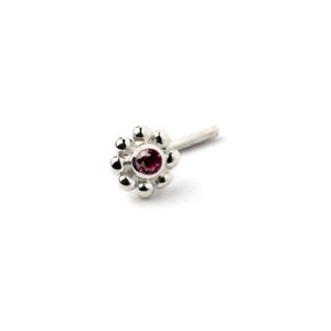 Silver flower nose stud with Garnet, gemstone nose stud L shape nose post tiny nose ring 0.8mm/20g handmade unique nose rings and studs