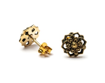 Tribal flower stud earrings, antique gold colour flower ear studs, boho tribal ethnic studs, Indian post earrings for women