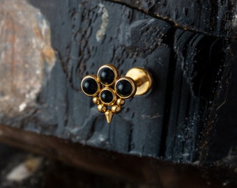 Brenna Golden labret stud with Black Onyx, Turquoise, Opal, Black Pearl,  surgical steel internally threaded screw on earring