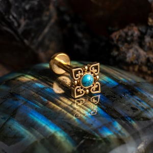 Neptune labret, Black Onyx, Turquoise, Opal, golden surgical steel internally threaded screw on earring, helix, conch flat back earring