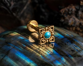Neptune labret, Black Onyx, Turquoise, Opal, golden surgical steel internally threaded screw on earring, helix, conch flat back earring