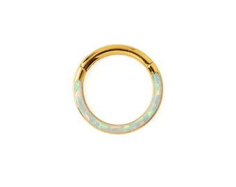 Anillo Clicker Dorado con Media Luna de Ópalo, Anillo de Segmento Bisagrado de Acero Quirúrgico de 1,2 mm/16 g, Anillo para Piercing en Tabique, Trago, Hélice y Cartílago.