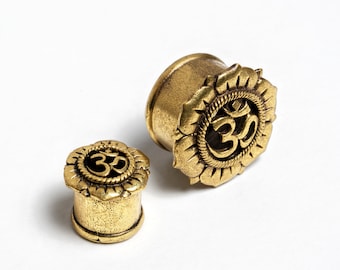 Lotus Flower plugs with Om, gauge earrings for stretched ears 4mm/6g - 16mm/5/8'' plug tunnels ear gauges, gauge jewelry