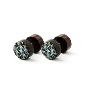 Flower of Life houten nep-plugoorbellen, nep-oorbellen van biologisch hout, unisex houten oorbellen, nep-sieraden PRIJS PER STUK