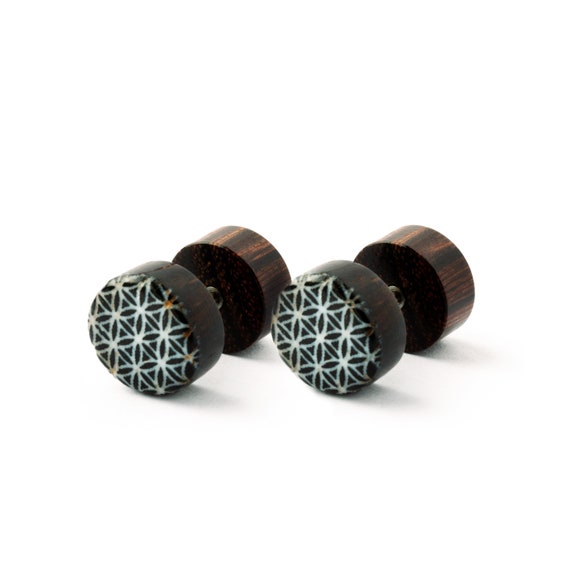Flower of Life Wood Fake Plugs Earrings Organic Wood Fake Gauge
