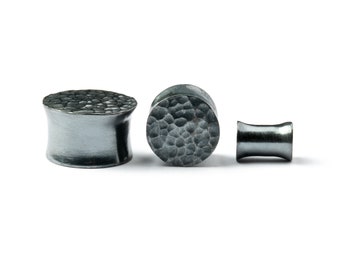 Tappi per orecchie in argento nero martellato, orecchini in argento ossidato intagliati a mano, calibri da 4 mm (6 g) - 20 mm (13/16''), tappi e tunnel tribali