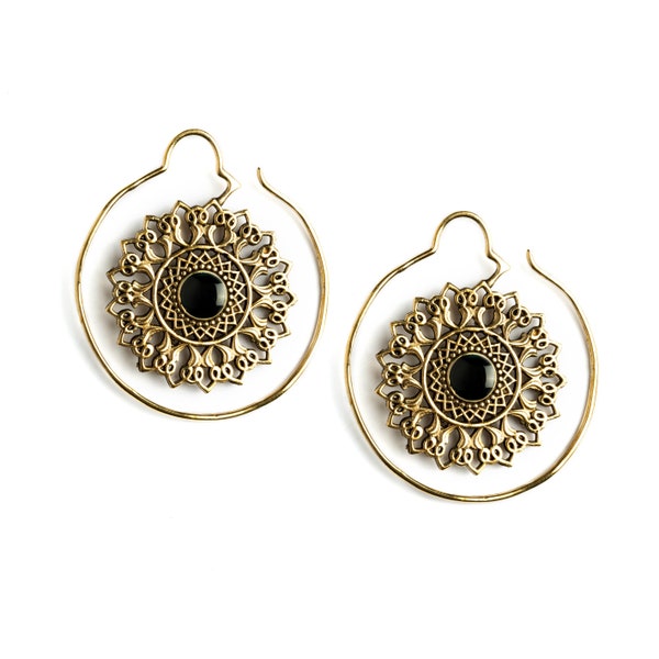 Golden mandala flower hoop earrings with black Onyx, large hangers earrings with onyx, boho tribal  statement festival earrings for women