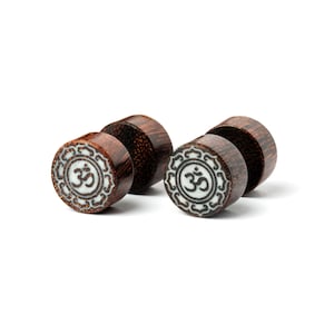 Lotus mandala & Om wood fake gauges, organic wooden fake plug earrings, unisex wooden earrings, fake gauge jewelry PRICE PER SINGLE