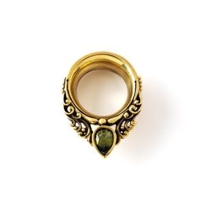 Maharishi Golden plug tunnels with Peridot, ear saddles tunnel gauges 8mm (0g) - 16mm (5/8g) boho tribal plugs and tunnels, PRICE PER SINGLE