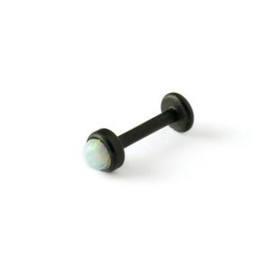 Black Labret with White Opal 16g surgical steel internally threaded screw on flat back earrings, stud piercing for cartilage, tragus, medusa