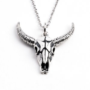 Sterling Silver bull skull charm necklace, unisex small buffalo pendant for men and women comes on a silver chain, animal skull necklace