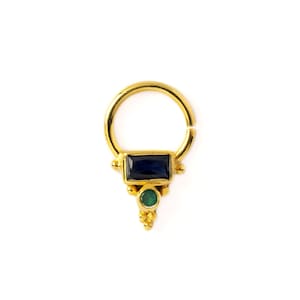 Jaya 18k Gold septum ring with Iolite & Green Onyx, 1.2mm/16g gemstone piercing ring, custom handmade septum jewelry