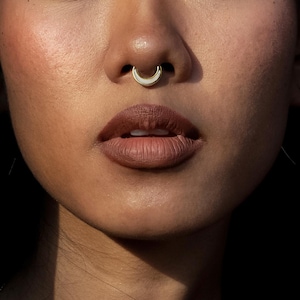Golden septum ring with Mother of Pearl, boho tribal piercing ring 1mm (18g) fit as tragus, helix, cartilage, Unique septum jewelry