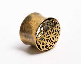 Seed of Life plug tunnels, antique gold colour ear plugs gauges 8mm (0g) - 16mm (5/8''), plugs and tunnels, gauge Jewelry
